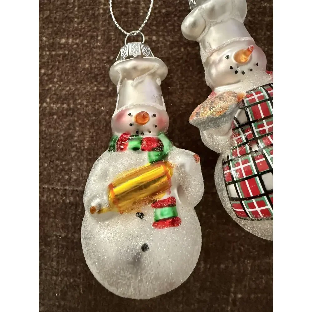Set of 2 Williams Sonoma Blown Glass Snowman Chef Christmas Ornaments